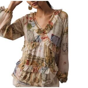 TINY Anthro Ruffle Babydoll Top Womens Shirt SIZE XXS Boho Patchwork Blouse L/S
